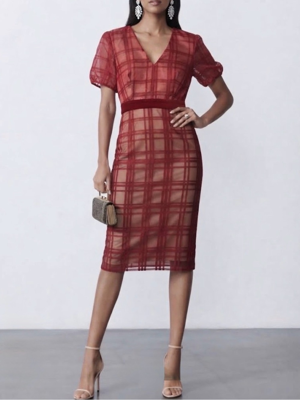 FEHAUTE Burgundy Organza Plaid V Neck Short Sleeve Sheath Midi Dress Size 6 NWT